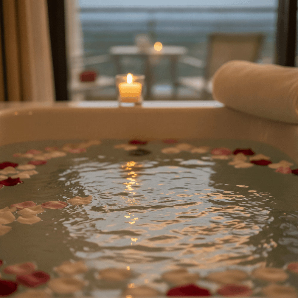 Gros plan sur un jacuzzi privatif en chambre d'hôtel avec pétales de fleurs et bougies