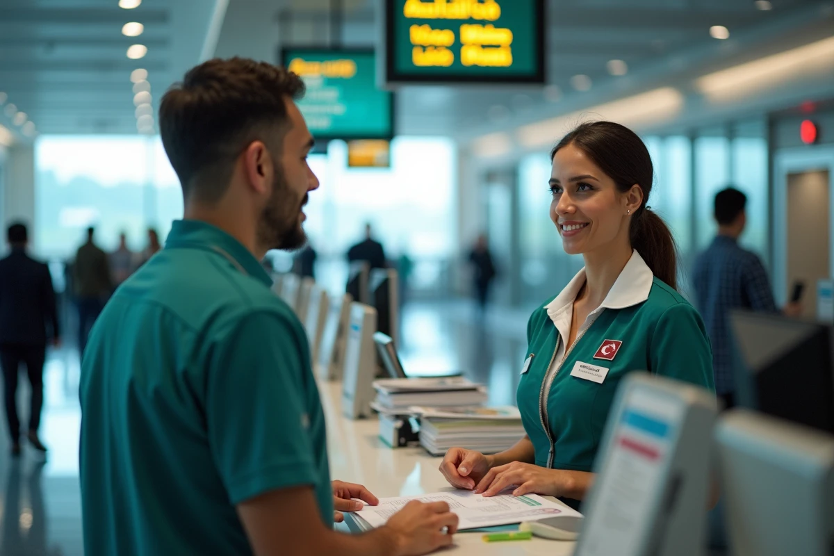 Agent Air Algérie au comptoir service client aidant un passager suite à une annulation de vol