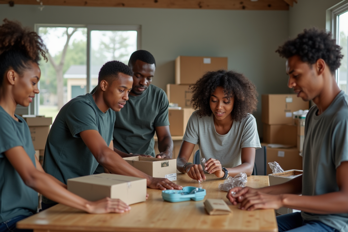 Groupe de jeunes aidant dans un centre de secours