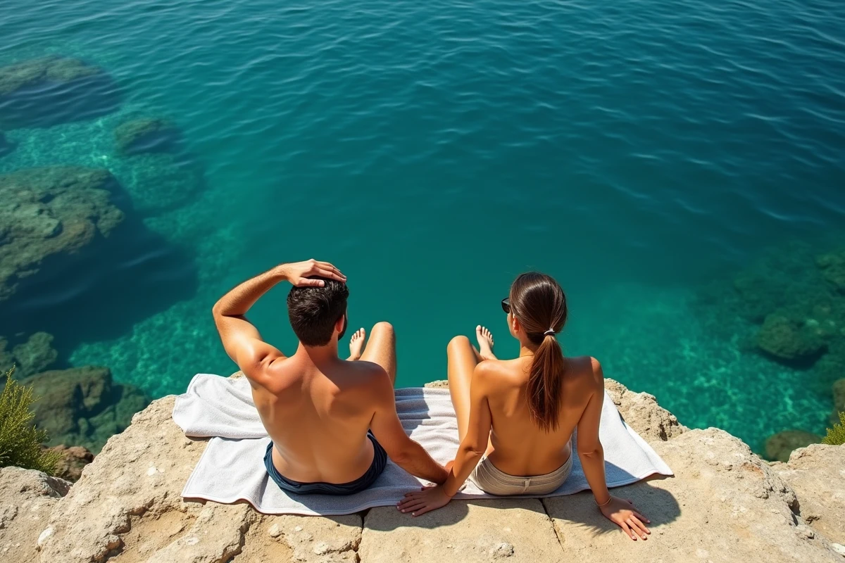 Deux amis assis sur des rochers plats à Limeni les pieds au-dessus d'une eau émeraude transparente, atmosphère détendue de baignade en Grèce