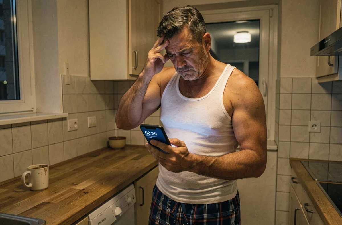Homme debout dans sa cuisine la nuit consultant un appel manqué d'un numéro international 0039