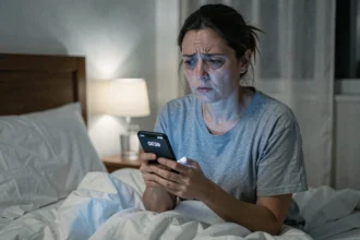 Femme fatiguée dans son lit la nuit recevant un appel répété d'un numéro étranger commençant par 0039