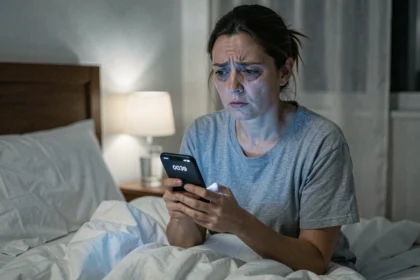 Femme fatiguée dans son lit la nuit recevant un appel répété d'un numéro étranger commençant par 0039