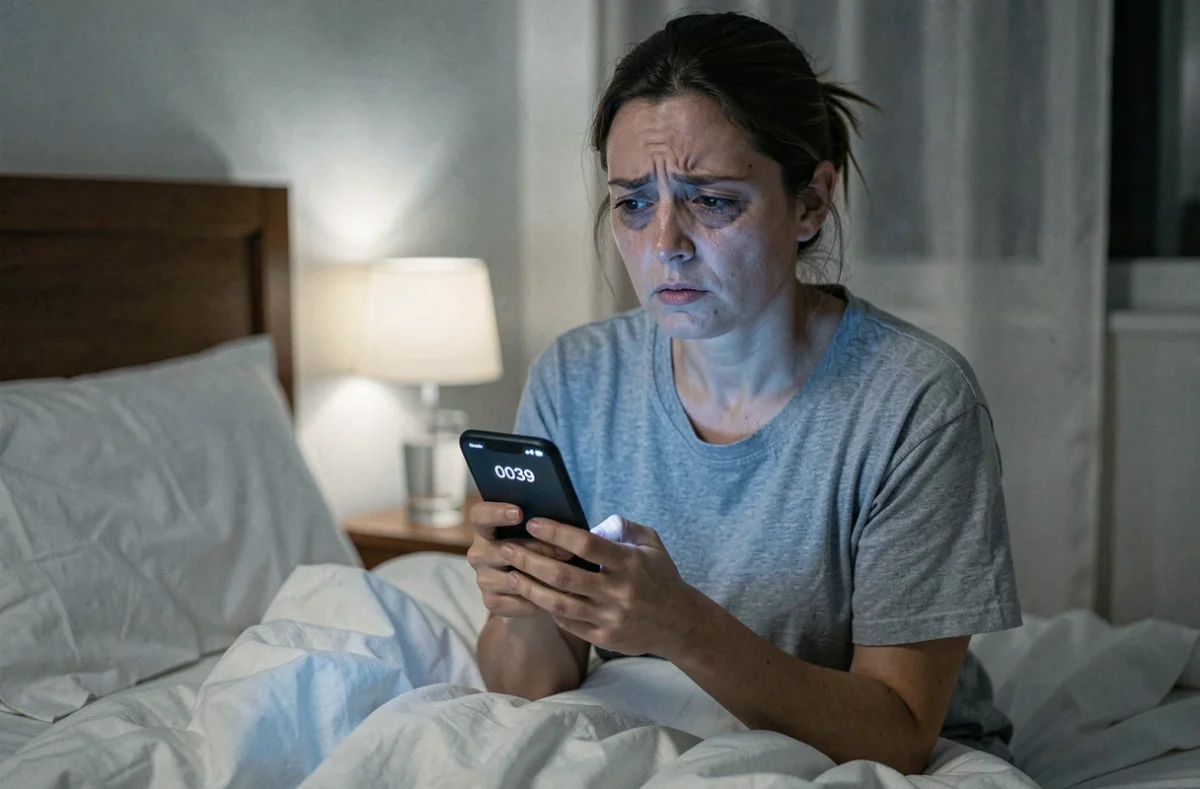 Femme fatiguée dans son lit la nuit recevant un appel répété d'un numéro étranger commençant par 0039