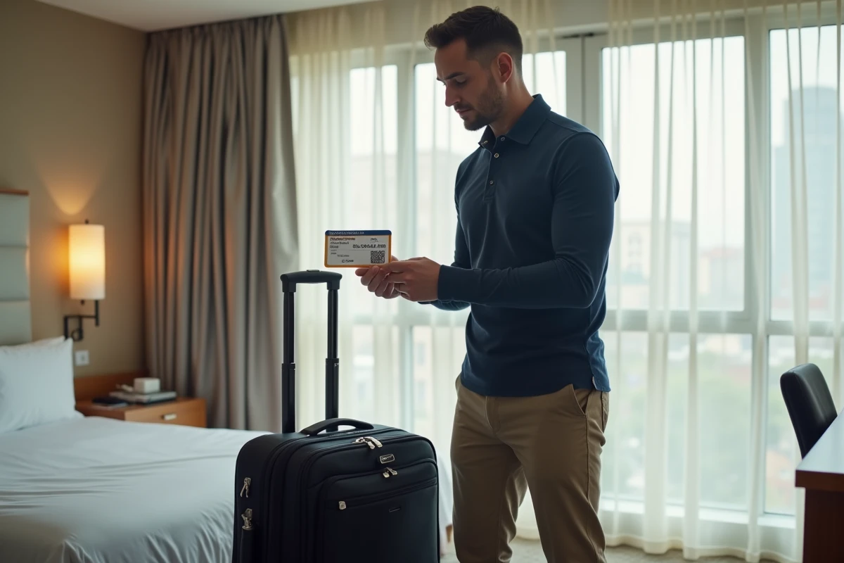 Homme examinant un autocollant anti-perte avec QR code avant de l'apposer sur sa valise dans une chambre d'hôtel