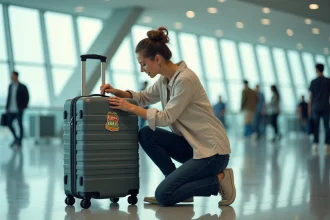 Femme appliquant un autocollant personnalisé sur une valise rigide dans un terminal d'aéroport animé