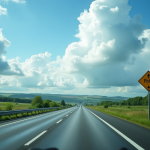 Autoroute en Bretagne avec campagne verte et ciel dramatique