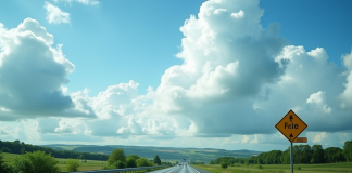 Autoroute en Bretagne avec campagne verte et ciel dramatique