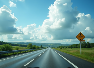 Autoroute en Bretagne avec campagne verte et ciel dramatique