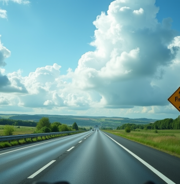 Autoroute en Bretagne avec campagne verte et ciel dramatique