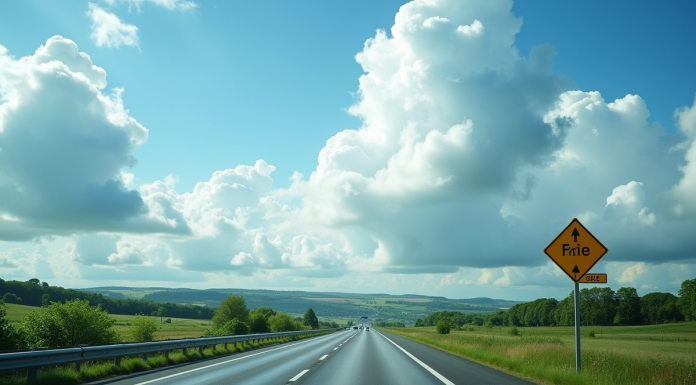 Autoroute en Bretagne avec campagne verte et ciel dramatique