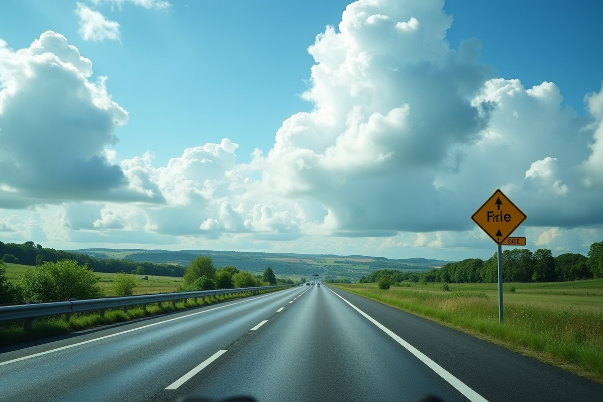 Autoroute en Bretagne avec campagne verte et ciel dramatique