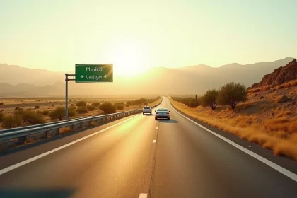 Autoroute espagnole gratuite traversant un paysage aride de Castille avec panneaux de signalisation en espagnol