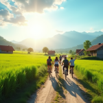 Groupe de voyageurs à vélo dans la campagne ensoleillée