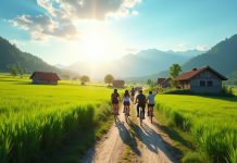 Groupe de voyageurs à vélo dans la campagne ensoleillée