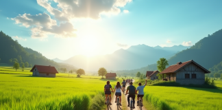 Groupe de voyageurs à vélo dans la campagne ensoleillée