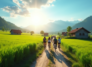 Groupe de voyageurs à vélo dans la campagne ensoleillée