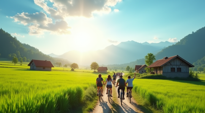 Groupe de voyageurs à vélo dans la campagne ensoleillée