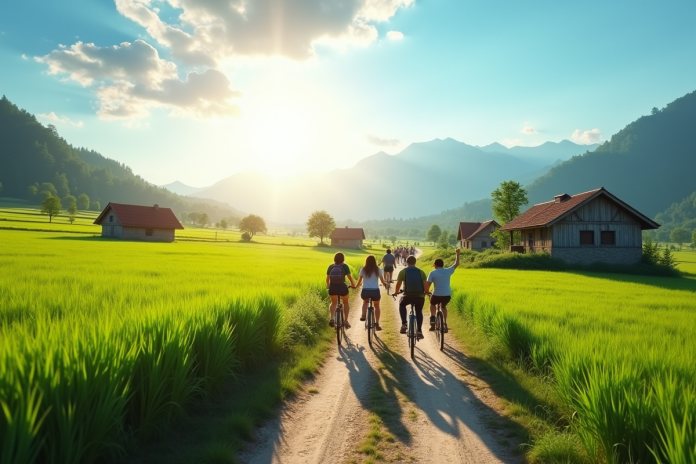 balade-en-velo-campagne Groupe de voyageurs à vélo dans la campagne ensoleillée