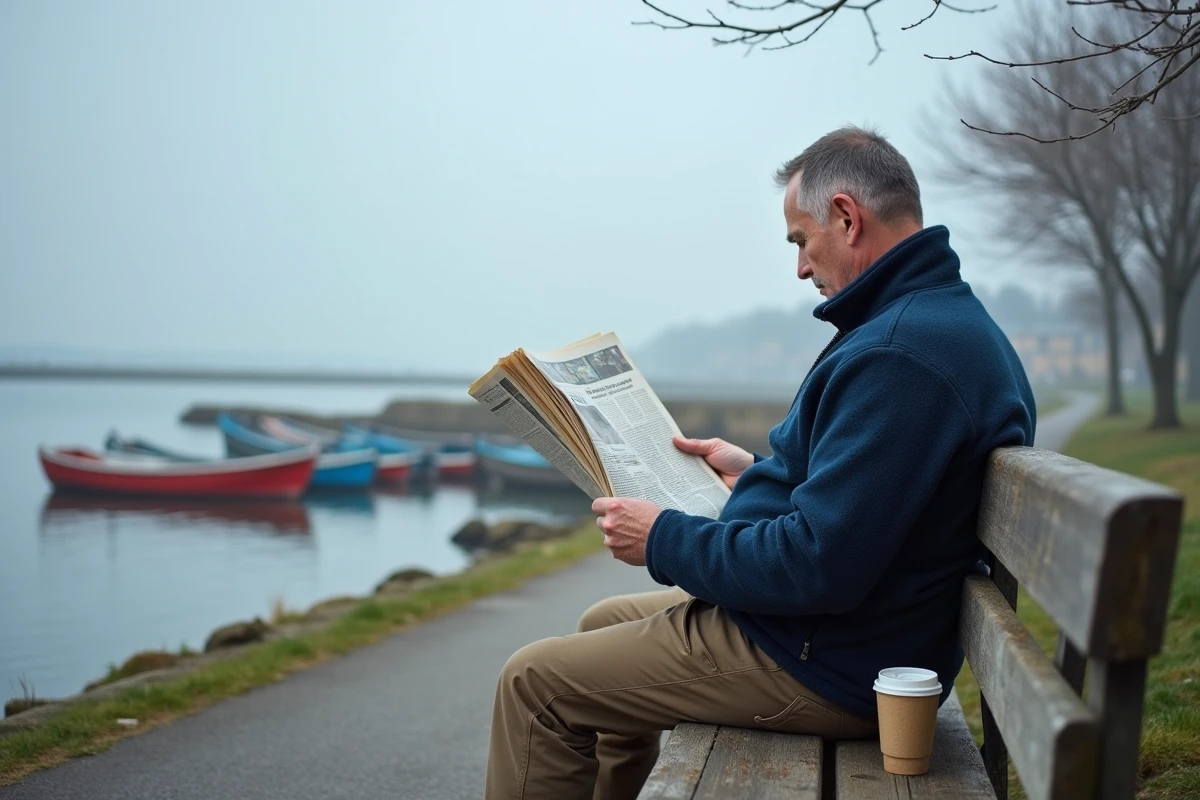 Homme lisant un journal sur un banc face à la baie de Conleau en novembre, plage calme hors saison