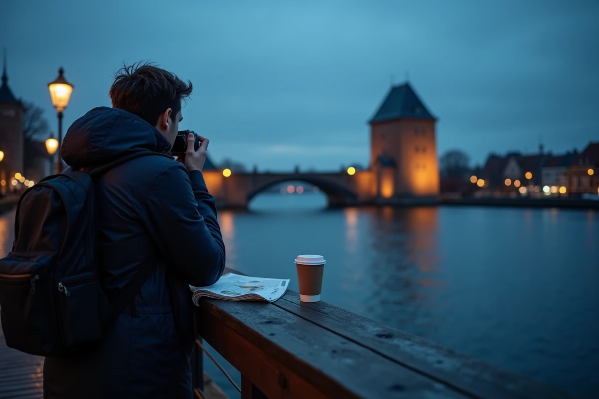 Voyageur observant la Trave depuis un belvédère avec la Holstentor de Lübeck en arrière-plan au crépuscule