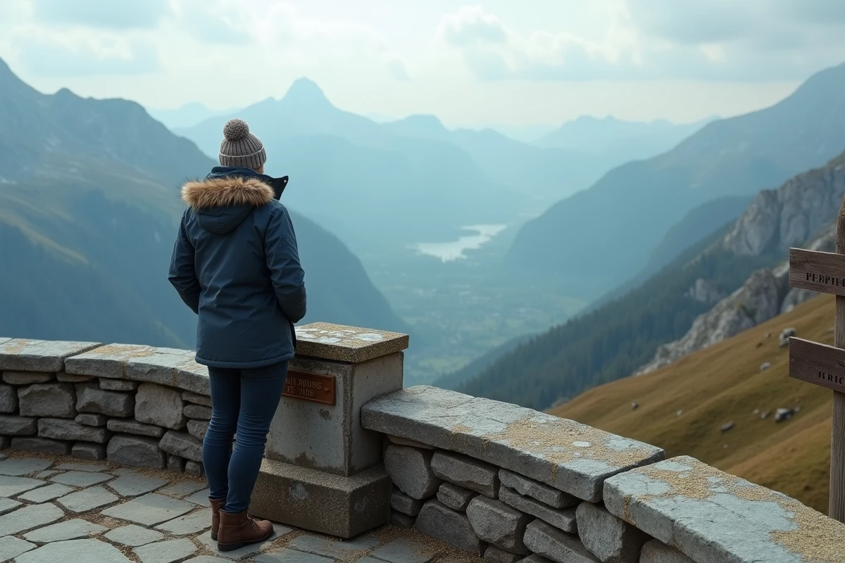 Femme randonneuse contemplant le panorama depuis un belvédère en pierre au Col du Petit-Saint-Bernard