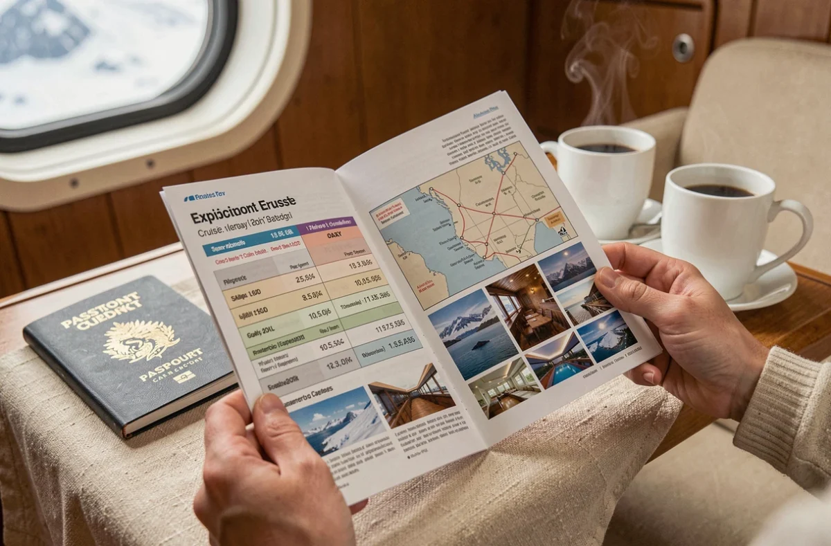 Brochure de croisière en Antarctique avec tarifs et itinéraires posée sur une table à bord d'un navire d'expédition