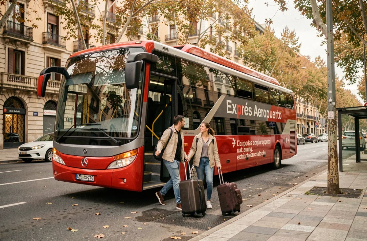 Couple montant dans le bus express aéroport de Madrid en direction du centre-ville