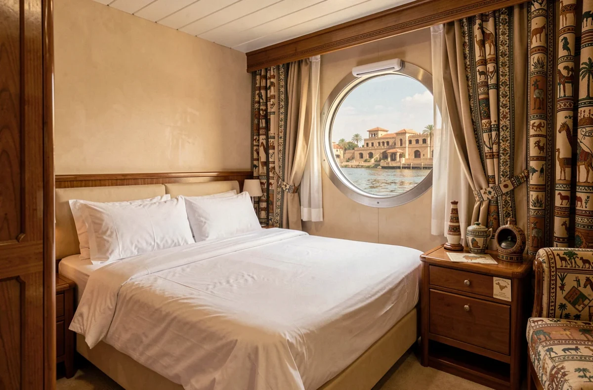 Cabine intérieure confortable d'un bateau de croisière sur le Nil avec hublot donnant sur les rives égyptiennes