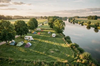 Vue panoramique d'un camping en Loire-Atlantique avec tentes colorées au bord d'une rivière entourée de verdure