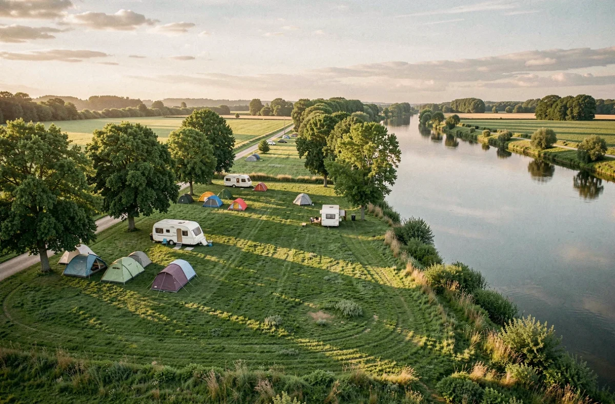 Vue panoramique d'un camping en Loire-Atlantique avec tentes colorées au bord d'une rivière entourée de verdure