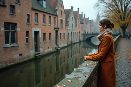 Voyageuse contemplant un canal historique de Bruges entourée de façades médiévales en briques et de pavés mouillés en automne