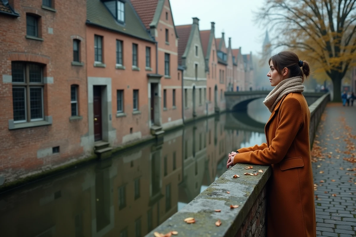 Voyageuse contemplant un canal historique de Bruges entourée de façades médiévales en briques et de pavés mouillés en automne
