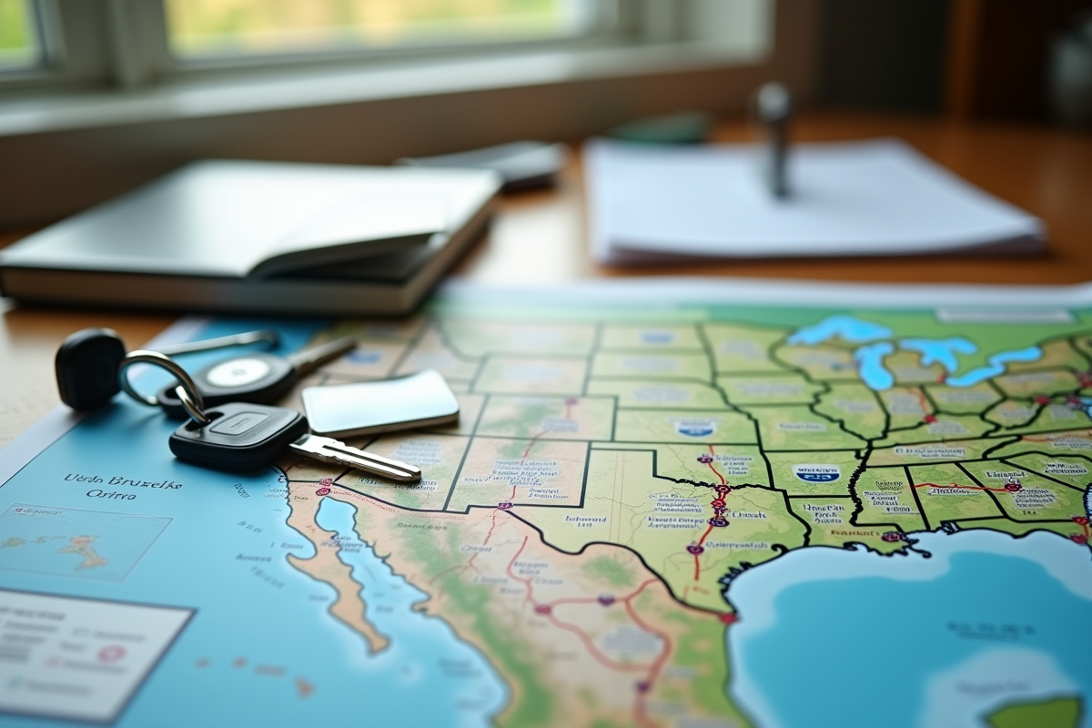 Plan de route des États-Unis avec permis et clés de voiture
