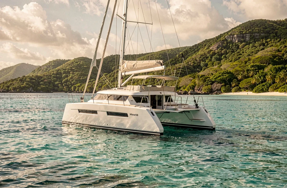 Catamaran blanc ancré dans un lagon turquoise des Grenadines avec collines verdoyantes en arrière-plan
