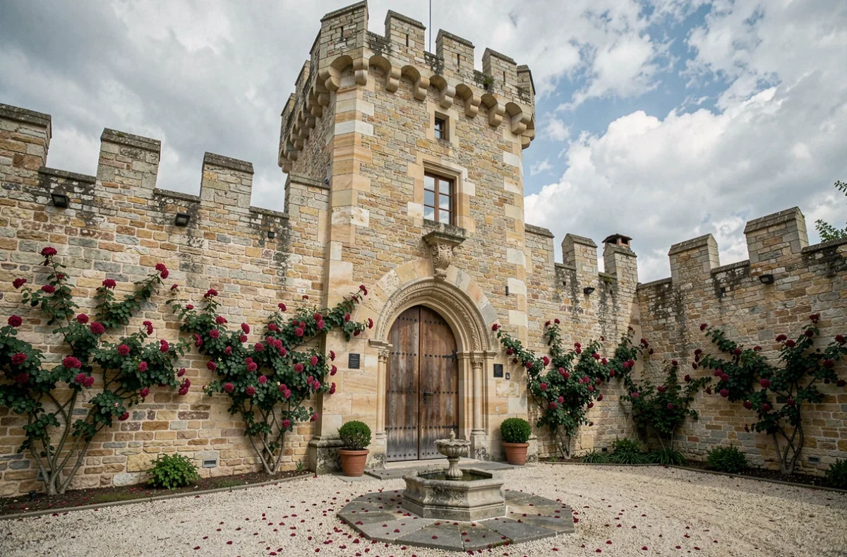 Façade fortifiée de La Castellane avec tour médiévale, rosiers grimpants et fontaine en pierre dans la cour
