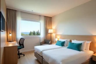 Chambre moderne et abordable d'un hôtel Ibis Budget près de Biarritz Anglet avec literie blanche et vue sur les pins côtiers