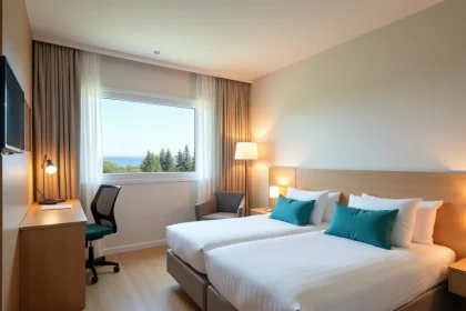 Chambre moderne et abordable d'un hôtel Ibis Budget près de Biarritz Anglet avec literie blanche et vue sur les pins côtiers