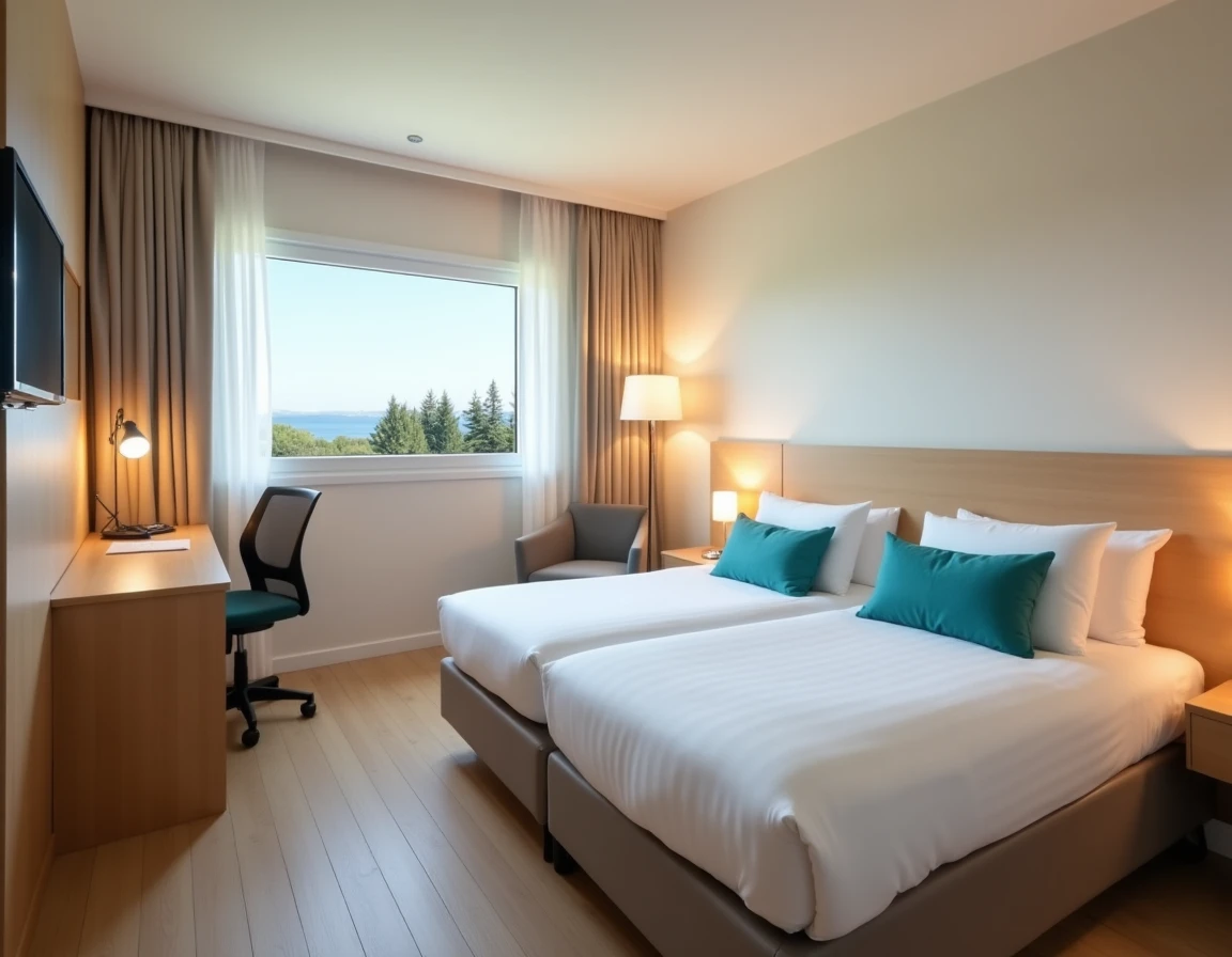 Chambre moderne et abordable d'un hôtel Ibis Budget près de Biarritz Anglet avec literie blanche et vue sur les pins côtiers
