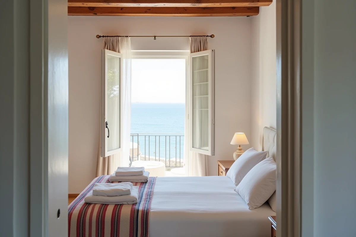 Chambre d'hôtel boutique avec vue mer et décoration traditionnelle corse près de Cala d'Orzu