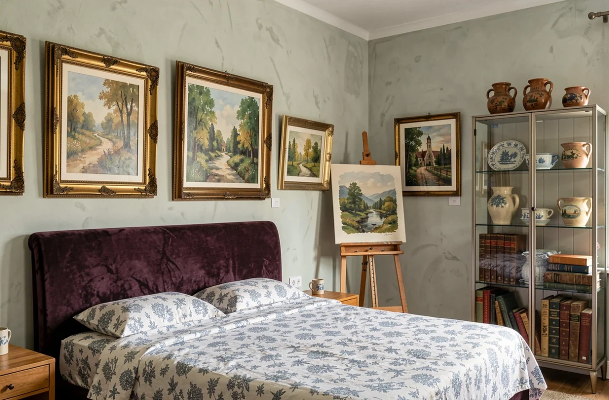 Chambre d'hôtes La Galerie avec murs ornés de tableaux contemporains et décoration artistique raffinée