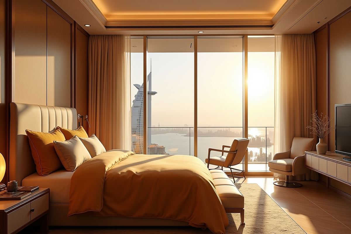 Chambre somptueuse avec lit king size et vue sur Dubaï