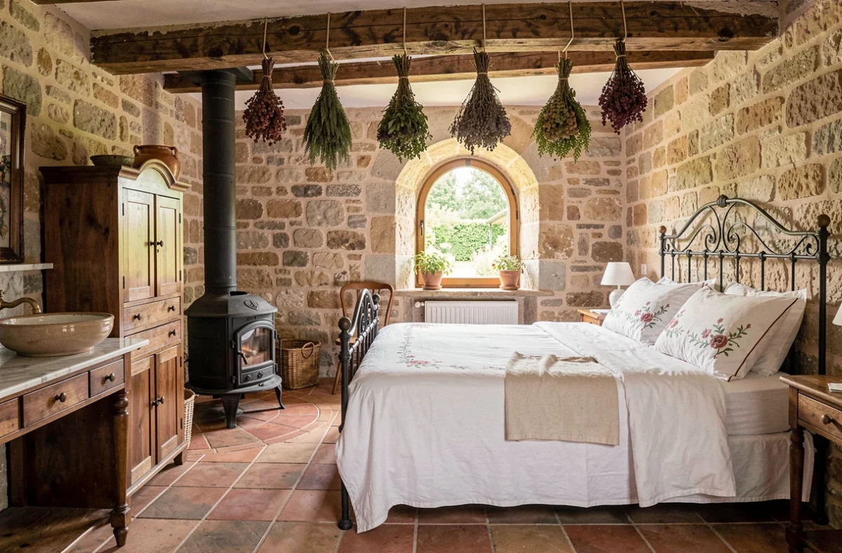 Chambre rustique de La Maison du Poëlon avec poêle en fonte, tomettes au sol et lit en fer forgé