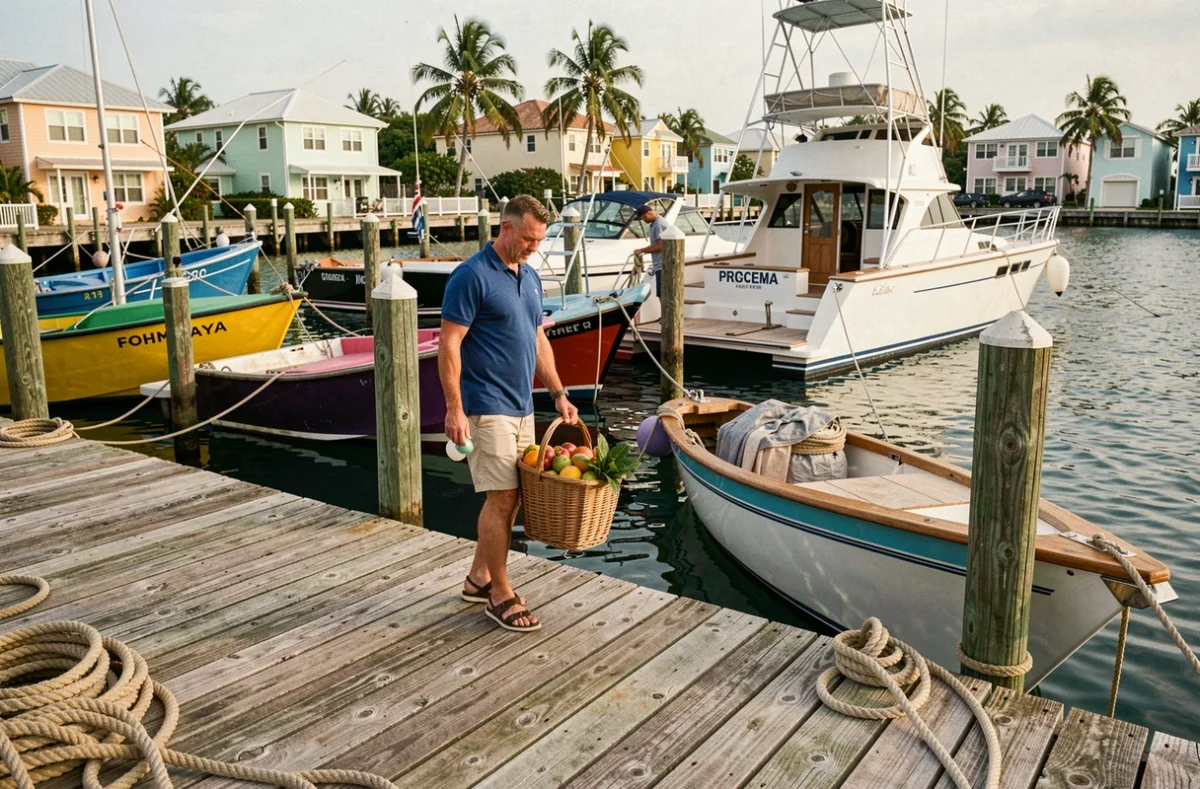 Homme chargeant des provisions sur un catamaran à quai dans une marina des Grenadines