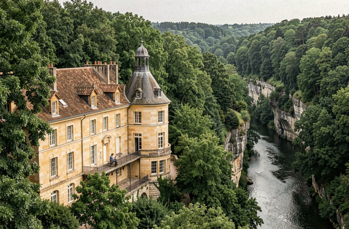 Manoir en pierre du Château Collias émergeant des bois de chênes au-dessus des gorges du Gardon avec balcon en fer forgé
