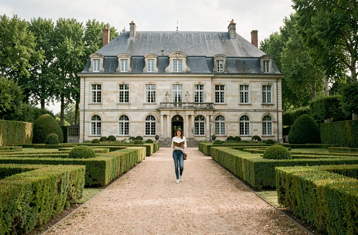 Façade du Château de Montcaud avec jardin à la française, haies taillées et allée de gravier dans la campagne gardoise