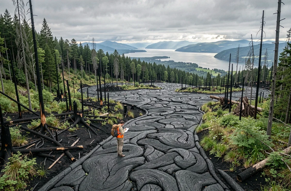Chercheur de l'OVG documentant une coulée de lave solidifiée sur les pentes du volcan Nyiragongo près du lac Kivu