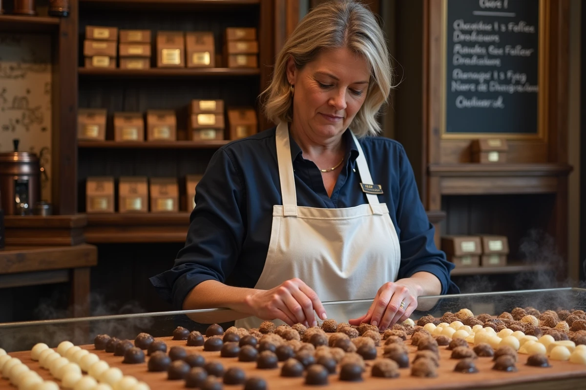Chocolatière artisanale arrangeant des pralines belges dans une boutique de chocolat traditionnelle à Bruges