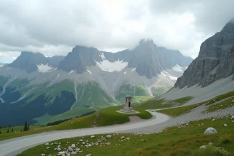 Vue panoramique du Col du Petit-Saint-Bernard avec route de montagne et parking en gravier au pied des sommets enneigés
