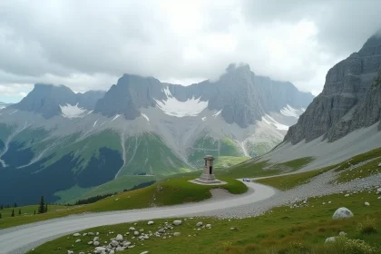 Vue panoramique du Col du Petit-Saint-Bernard avec route de montagne et parking en gravier au pied des sommets enneigés